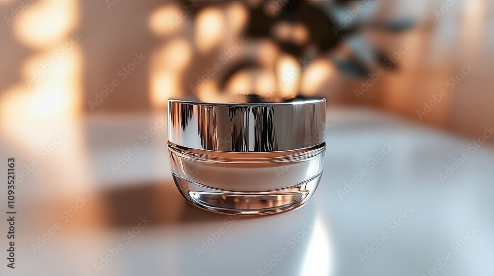 A luxurious glass jar of face cream with a silver lid, placed on a pure white surface. A luxurious glass jar of face cream with a silver lid, placed on a pure white surface.