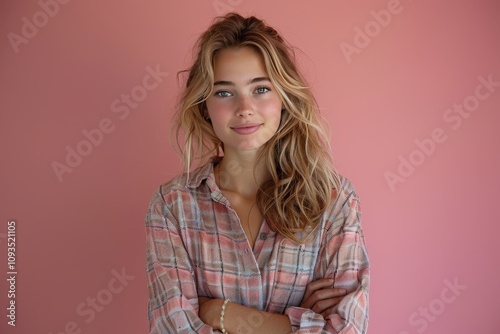 Funny Young Woman in Checkered Shirt Standing with Arms Crossed