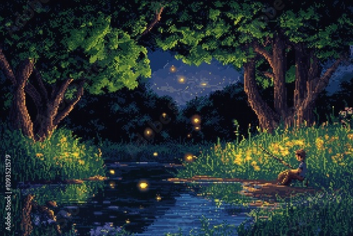 Pixel art illustration shows a tranquil forest glade at night. A person fishes by a stream. Glowing fireflies light up the scene. Trees and grass are pixelated. Nature scene. Retro video game style. photo