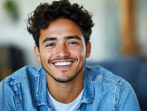 Smiling Young Man with a Jeans Jacket and Curly Hair