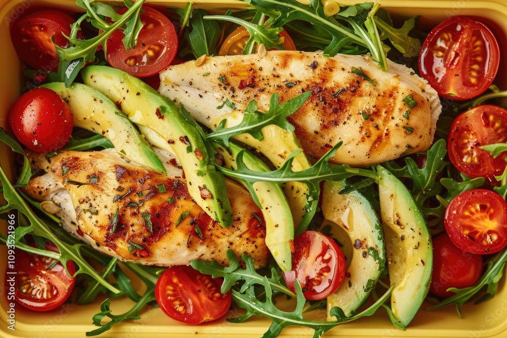 A bright yellow container filled with chicken, avocado, and tomatoes, perfect for a healthy lunch or dinner A bright yellow container filled with chicken, avocado, and tomatoes, perfect for a healthy lunch or dinner