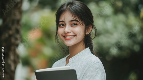 Young woman smiling while holding a notebook for office work