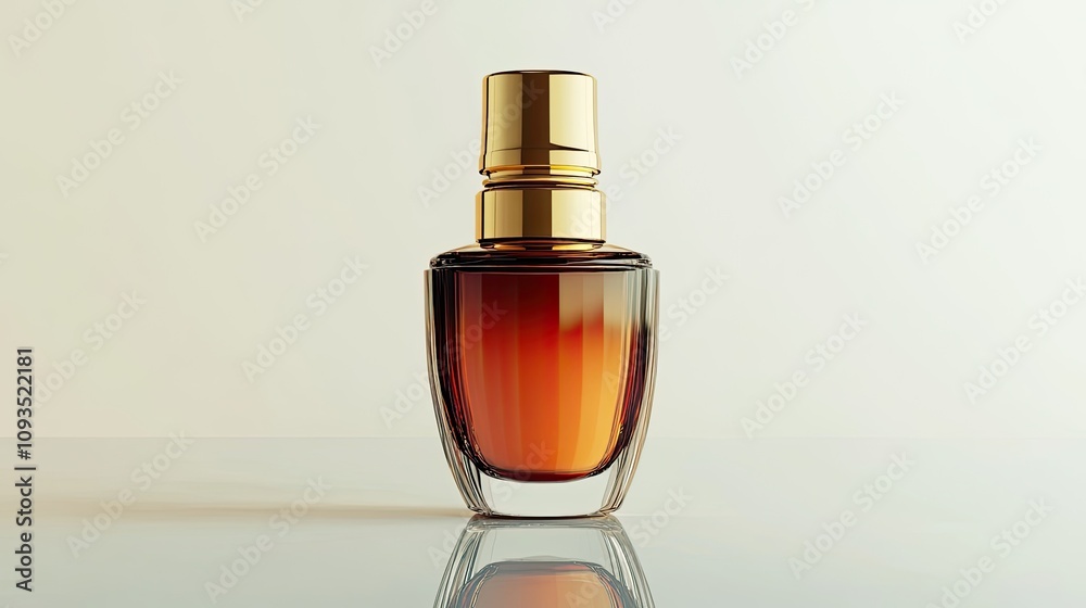 Naklejka premium A luxurious serum bottle with gold accents and a reflection on the white background.