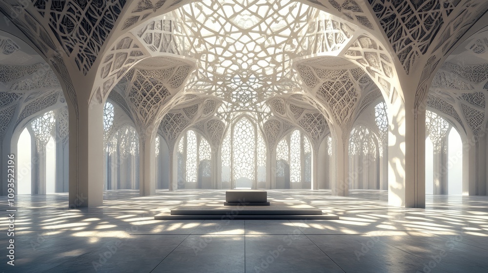 Sunlit, ornate white hall with intricate arches and columns.