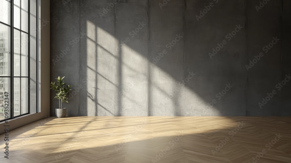Sunlit empty room with concrete wall, hardwood floor, and large window.