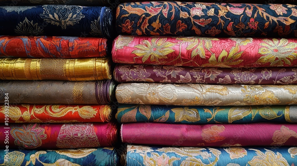 Vibrant and Colorful Collection of Richly Embroidered Fabrics Showcasing Traditional Designs for Tailoring and Textile Crafts