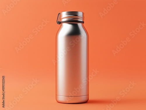 Empty metal thermos bottle isolated on orange backdrop. Eco-friendly design for travel work. Mockup for product advertisement. Clean, modern container. Ideal for drinks, beverages. Healthy, eco photo