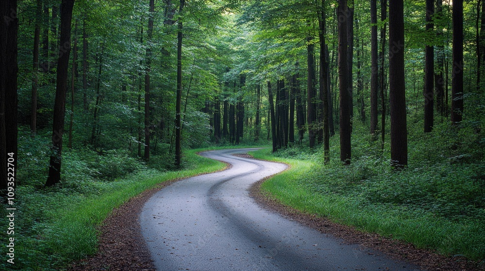 A scenic image of a winding road amidst dense forest foliage A scenic image of a winding road amidst dense forest foliage