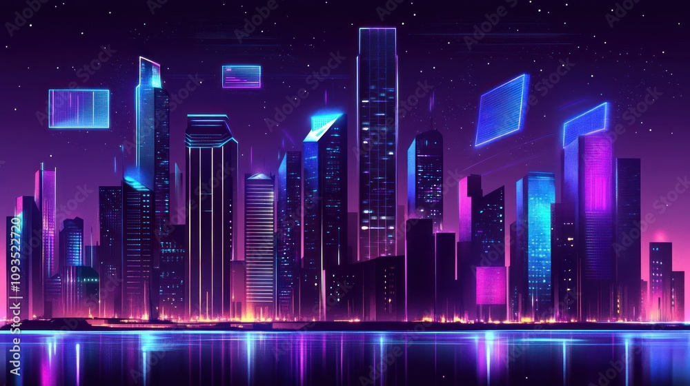Neon Cityscape at Night Illuminated Skyscrapers Neon Cityscape at Night Illuminated Skyscrapers