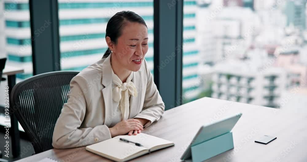 Video call, tablet and business woman in Japanese office for webinar, virtual conference and online meeting. Wave, planning and networking with Asian employee in agency for communication and contact Video call, tablet and business woman in Japanese office for webinar, virtual conference and online meeting. Wave, planning and networking with Asian employee in agency for communication and contact