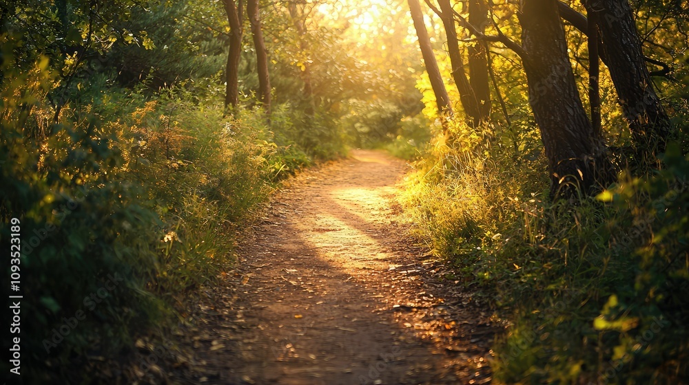 Fototapeta premium Tranquil Sunlit Path in a Lush Green Forest Surrounded by Vibrant Foliage and Soft Natural Light Streaming Through the Tree Canopy at Golden Hour