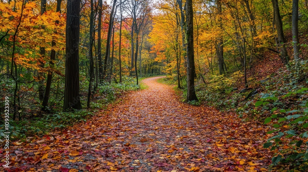 Obraz premium Serene Autumn Landscape with Vibrant Foliage and Peaceful Pathway Through Trees in a Colorful Forest During Fall Season Captured in Natural Light