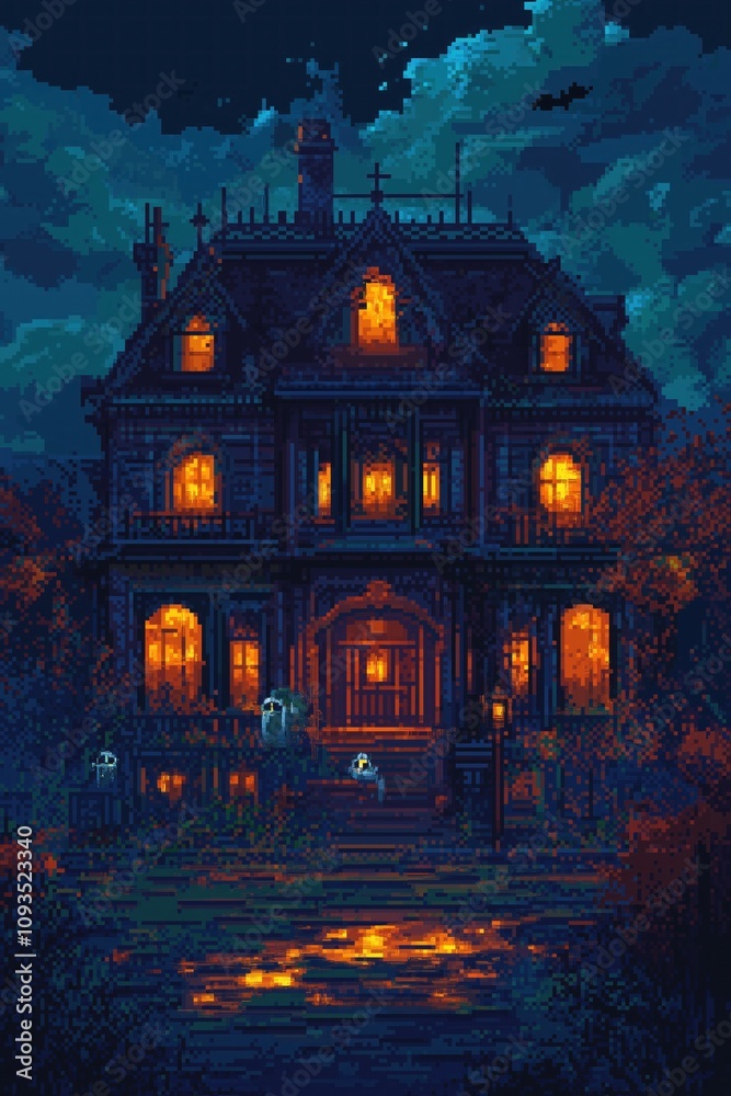 Haunted pixel art mansion glows at night. Eerie ghosts appear near old wooden stairs in front of house. Windows glow with eerie light. Pixelated style evokes retro video game vibe. Spooky atmosphere. Haunted pixel art mansion glows at night. Eerie ghosts appear near old wooden stairs in front of house. Windows glow with eerie light. Pixelated style evokes retro video game vibe. Spooky atmosphere.