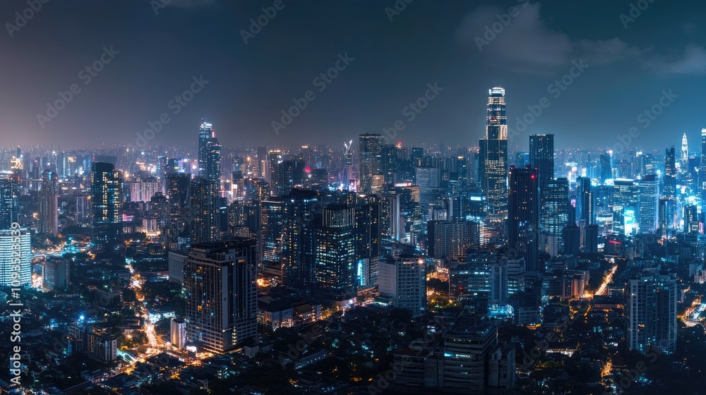 Night cityscape panorama, urban skyline with skyscrapers and city lights. Night cityscape panorama, urban skyline with skyscrapers and city lights.