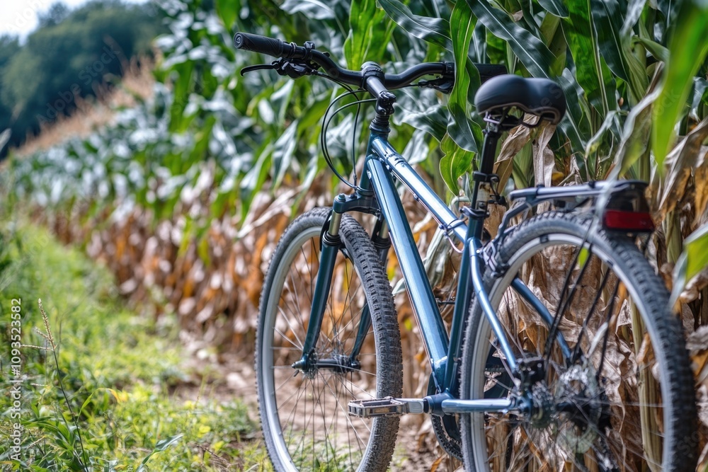 A bicycle parked in front of a corn field with lush green growth and tall stalks