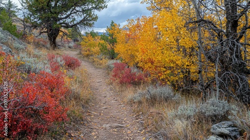 Serene Autumn Landscape with Vibrant Fall Foliage Along a Winding Trail in a Peaceful Nature Setting Surrounded by Colorful Trees and Rocky Terrain