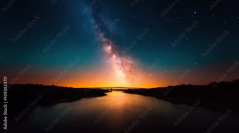 A calm water scene with a crossing bridge, bathed in the glow of a starry night sky, capturing the tranquility and vastness of the universe. A calm water scene with a crossing bridge, bathed in the glow of a starry night sky, capturing the tranquility and vastness of the universe.