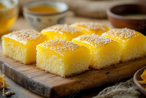 Bright yellow sfouf cake slices on a rustic wooden board, garnished with sesame seeds, saffron threads, and tahini sauce, served with tea cups. Softly blurred cozy kitchen background. photo