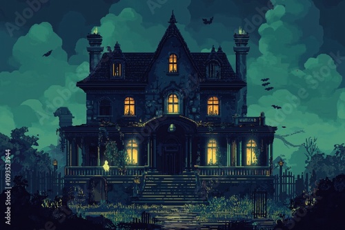 Haunted mansion pixel art glows with eerie windows. Ghosts roam around. Spooky atmosphere at night. Pixelated style shows details. Halloween theme. Retro video game look. Spooky house at night. photo