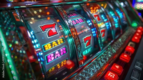 Vibrant casino slot machine lights create an exciting atmosphere, inviting players to try their luck. Generative AI