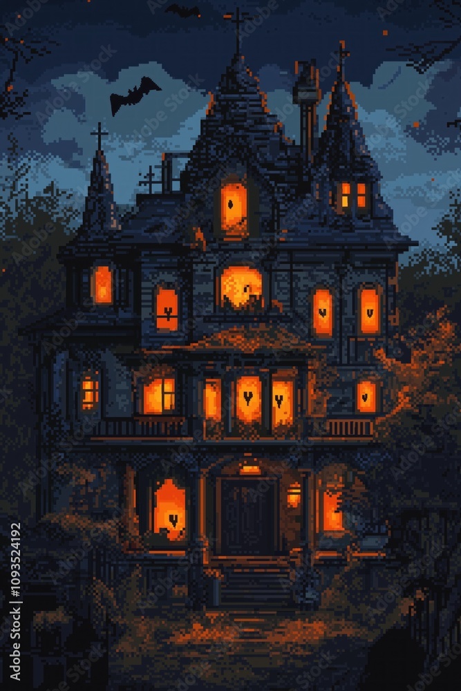 Pixel art haunted mansion glowing windows spooky ghosts. Eerie vibe night time. Spooky details pixelated style. Haunted house illustration. Halloween theme. Retro video game style. Pixel art haunted mansion glowing windows spooky ghosts. Eerie vibe night time. Spooky details pixelated style. Haunted house illustration. Halloween theme. Retro video game style.