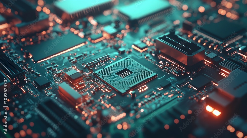 Close-up view of a computer circuit board with intricate components and glowing elements. Close-up view of a computer circuit board with intricate components and glowing elements.
