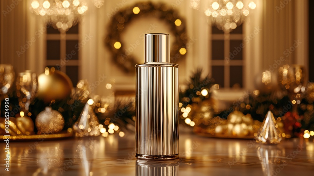 Fototapeta premium Festive Gold Perfume Bottle Luxury Holiday Fragrance Christmas Decor