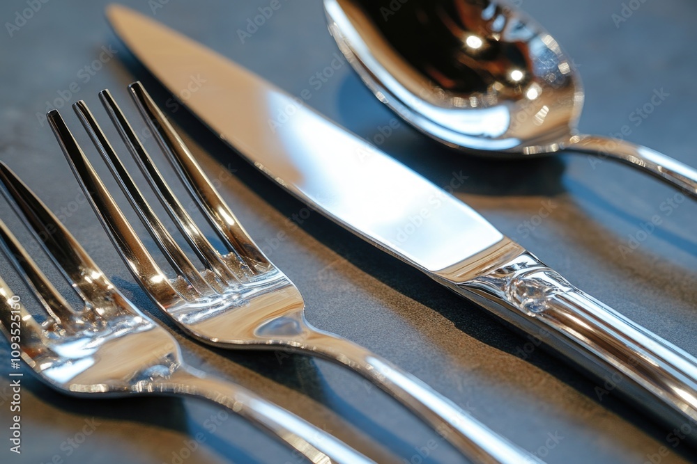 A set of utensils including a knife, fork, and spoon placed on a table A set of utensils including a knife, fork, and spoon placed on a table