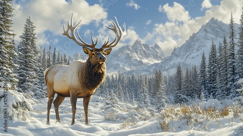 A majestic elk standing tall in a snow-covered valley with its massive antlers framed by a backdrop of evergreen trees and distant peaks photo