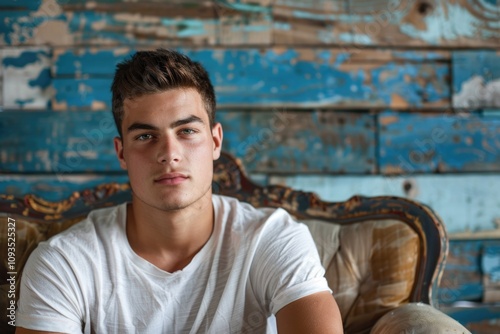 A young man sitting on the edge of a couch with his hands clasped together, looking contemplative