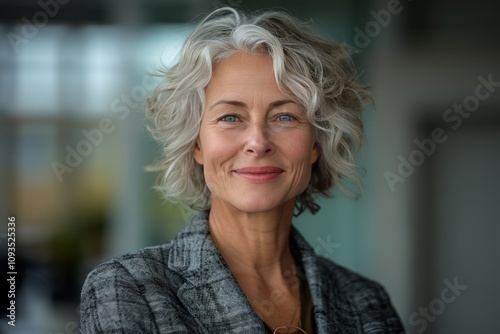 Confident Mid-Aged Businesswoman Smiling in Office for Leadership Portrait