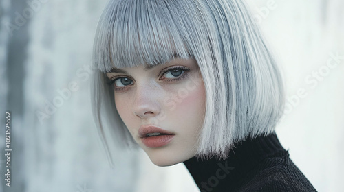 Ashy Silver Gray Cropped Cut with Blunt Bangs photo