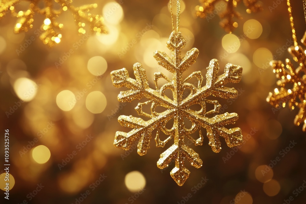 A golden snowflake hangs from a Christmas tree branch A golden snowflake hangs from a Christmas tree branch