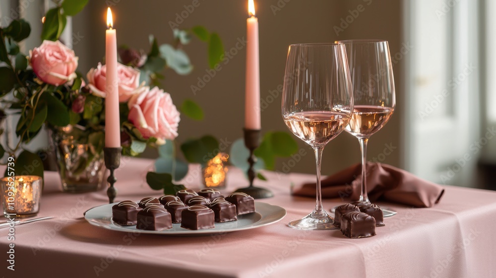 Elegant table setting with a light pink tablecloth, wine glasses, glowing candles, and an arrangement of chocolates, creating a romantic atmosphere for an intimate evening Elegant table setting with a light pink tablecloth, wine glasses, glowing candles, and an arrangement of chocolates, creating a romantic atmosphere for an intimate evening