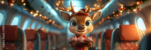 Magical reindeer serves treats aboard a festive airplane during winter holiday adventures