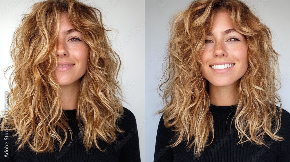 Buttery golden blonde curly shag with long layers Buttery golden blonde curly shag with long layers
