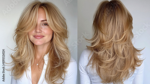 Buttery golden blonde curly shag with long layers