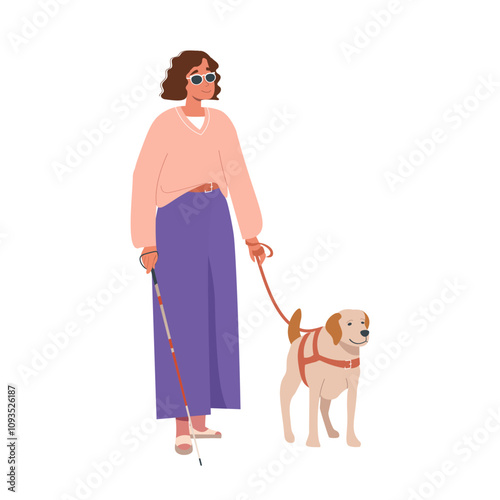 Blind woman with cane and guide dog. Disabled blind female character wearing black glasses walking with stick and guide dog flat vector cartoon illustration. Disabled person, social inclusion concept