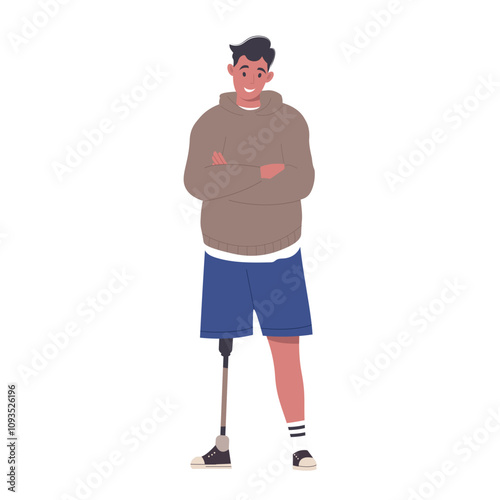 Man with leg prosthesis, leg amputation. Invalid handicapped male character without leg flat vector cartoon illustration. Disabled person with prosthesis. Inclusion concept. Healthcare Disability.