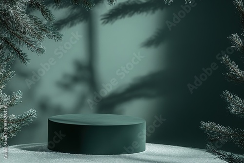 Round podium in snowy forest scene for product display photo