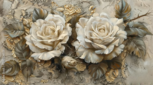 White rose flower with leaves on abstract background as wallpaper illustration, Elegant White Gold Flower	