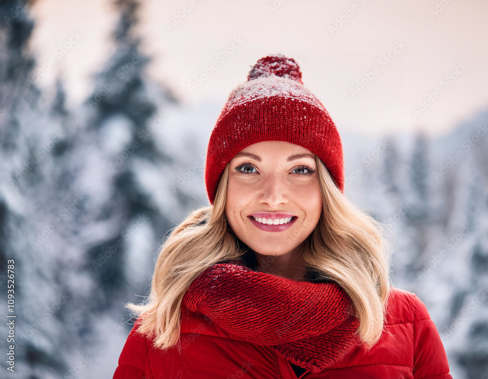 Beautiful Blonde Woman in Flame Red Outfit with Snowy Trees, Winter Lifestyle Headshot Beautiful Blonde Woman in Flame Red Outfit with Snowy Trees, Winter Lifestyle Headshot
