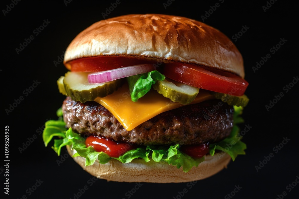 A juicy burger with lettuce, tomato, pickles, and cheese A juicy burger with lettuce, tomato, pickles, and cheese