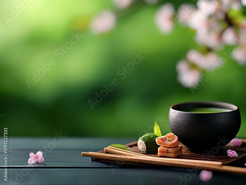 Serene japanese tea ceremony featuring waga tranquil garden still life natural setting close-up view cultural experience photo