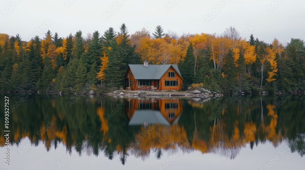 Autumn Log Cabin Reflects In Calm Lake Waters Autumn Log Cabin Reflects In Calm Lake Waters