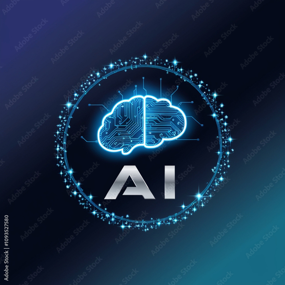 A modern, futuristic logo for artificial intelligence, featuring a stylized brain made up of glowing blue circuits and wires, surrounded by a circle of tiny, shimmering stars, Generated With AI Image. A modern, futuristic logo for artificial intelligence, featuring a stylized brain made up of glowing blue circuits and wires, surrounded by a circle of tiny, shimmering stars, Generated With AI Image.