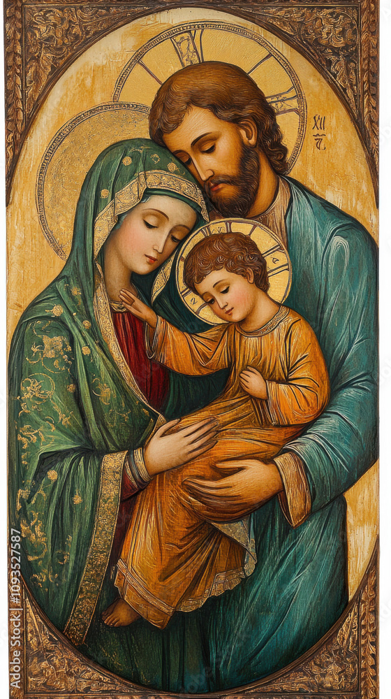 Family love embodied in a striking religious icon featuring Mary, Joseph, and Jesus Family love embodied in a striking religious icon featuring Mary, Joseph, and Jesus