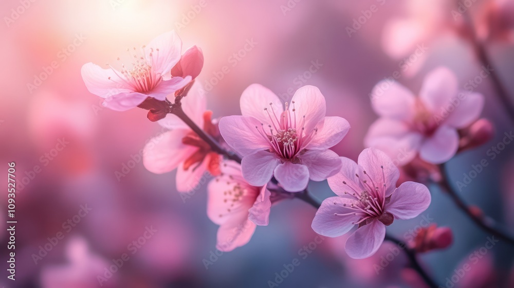 Delicate pink cherry blossoms blooming in the warm sunlight. Delicate pink cherry blossoms blooming in the warm sunlight.