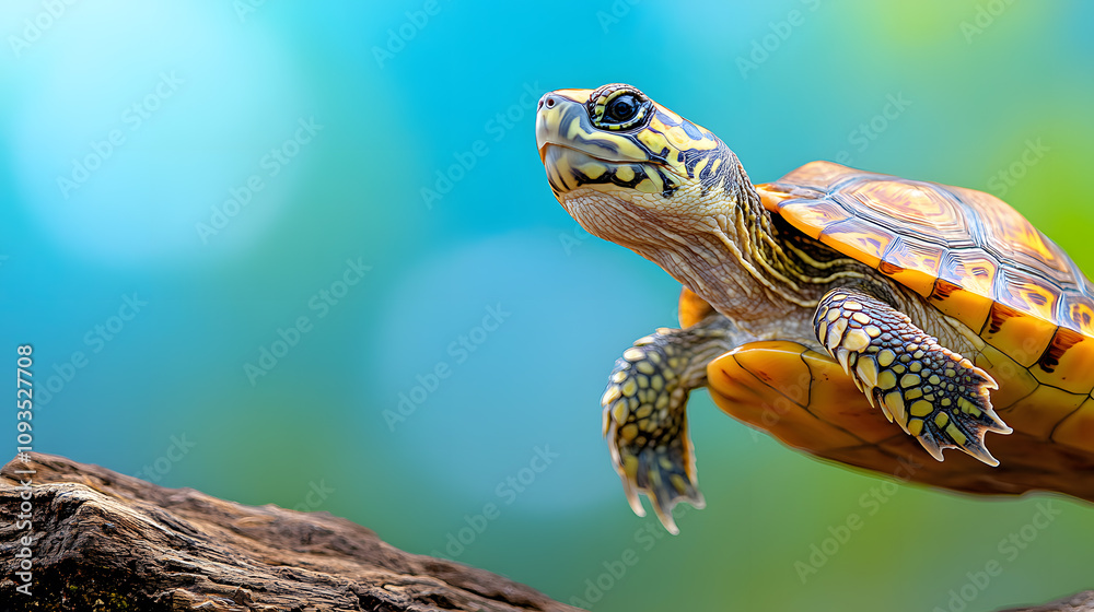 Vibrant Turtle Basking Joyfully on a Sunlit Log in a Lush Green Environment Vibrant Turtle Basking Joyfully on a Sunlit Log in a Lush Green Environment