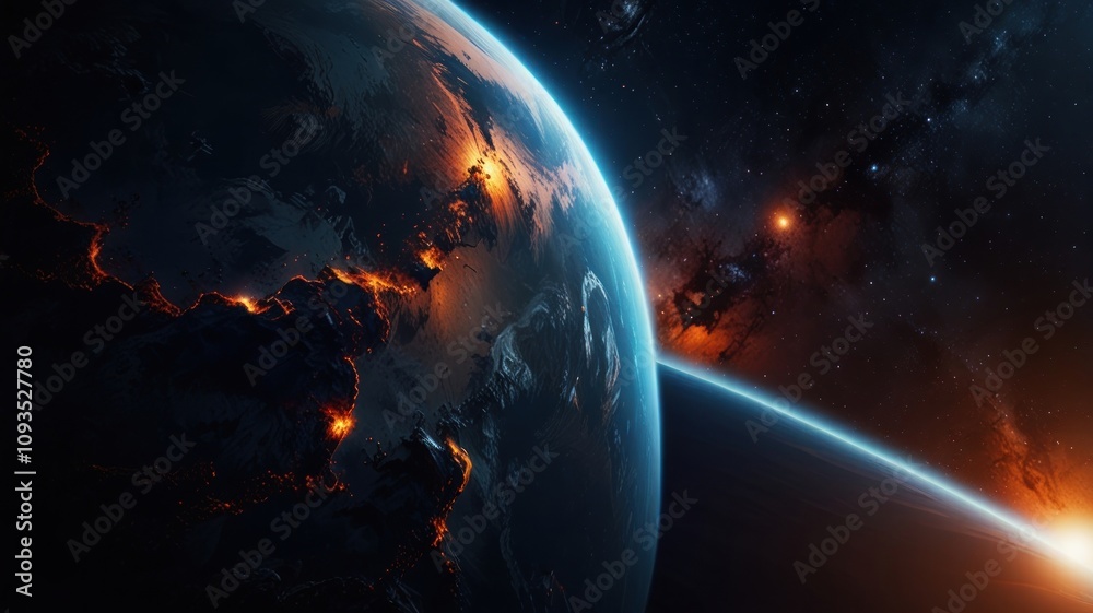 Obraz premium Burning planet Earth viewed from space with fiery surface and distant nebula.